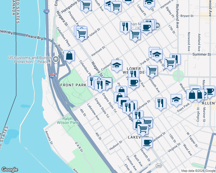 map of restaurants, bars, coffee shops, grocery stores, and more near 255 Porter Avenue in Buffalo