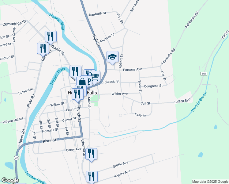 map of restaurants, bars, coffee shops, grocery stores, and more near 46 Wilder Avenue in Hoosick Falls