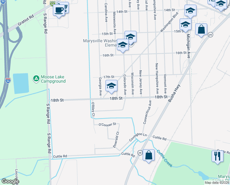 map of restaurants, bars, coffee shops, grocery stores, and more near 1745 Minnesota Avenue in Marysville