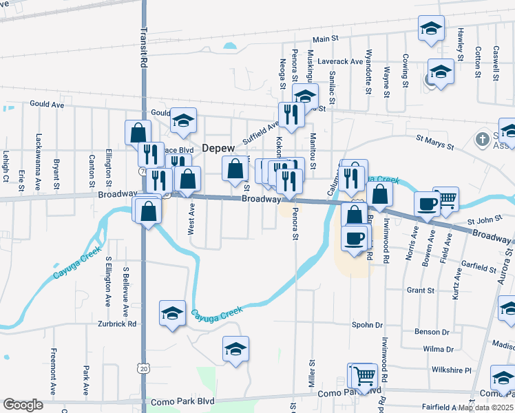 map of restaurants, bars, coffee shops, grocery stores, and more near 5001 Broadway in Depew