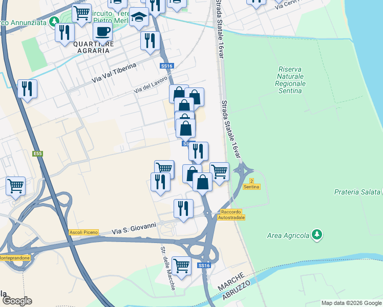 map of restaurants, bars, coffee shops, grocery stores, and more near 70 Via Pasubio in Province of Ascoli Piceno