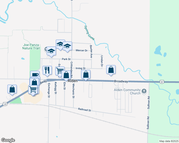 map of restaurants, bars, coffee shops, grocery stores, and more near 13395 Irving Street in Alden
