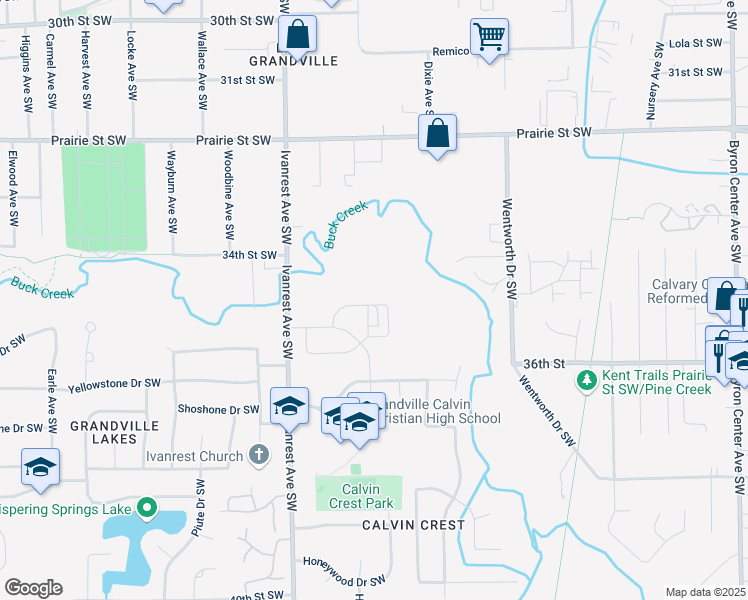 map of restaurants, bars, coffee shops, grocery stores, and more near 3560 Ivanrest Avenue Southwest in Grandville