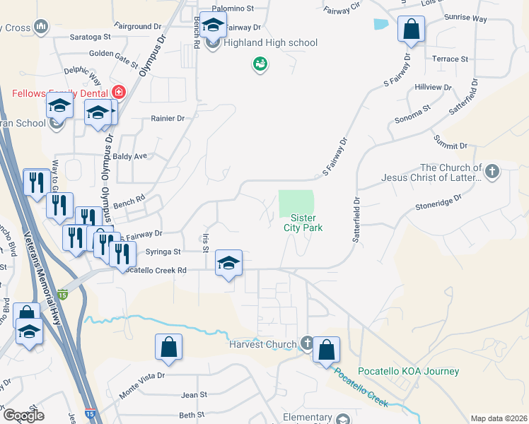 map of restaurants, bars, coffee shops, grocery stores, and more near 2164 Marigold Street in Pocatello
