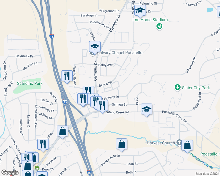 map of restaurants, bars, coffee shops, grocery stores, and more near 1724 South Von Elm Street in Pocatello