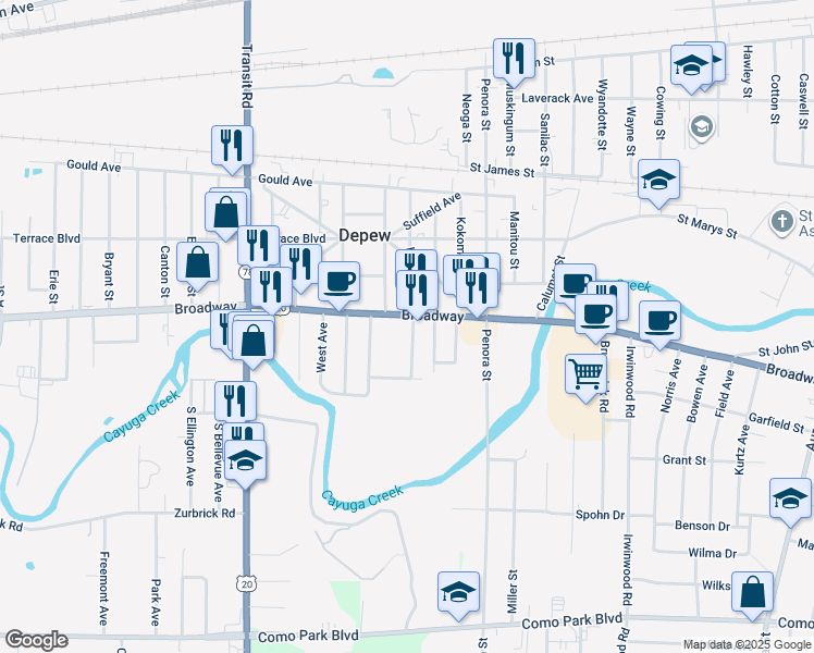 map of restaurants, bars, coffee shops, grocery stores, and more near 5001 Broadway in Depew