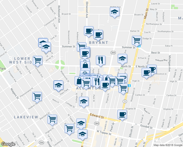 map of restaurants, bars, coffee shops, grocery stores, and more near 162 Park Street in Buffalo