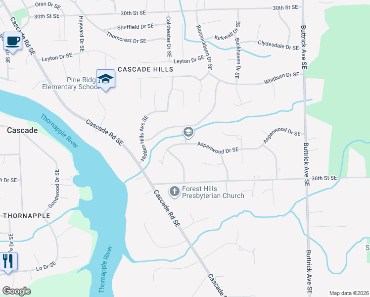 map of restaurants, bars, coffee shops, grocery stores, and more near 7584 Aspenwood Drive Southeast in Grand Rapids