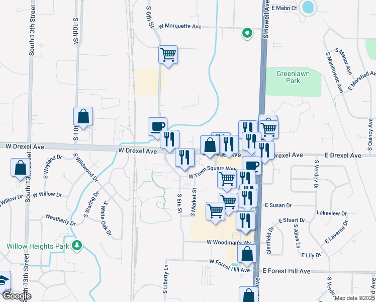 map of restaurants, bars, coffee shops, grocery stores, and more near 400a West Drexel Avenue in Oak Creek