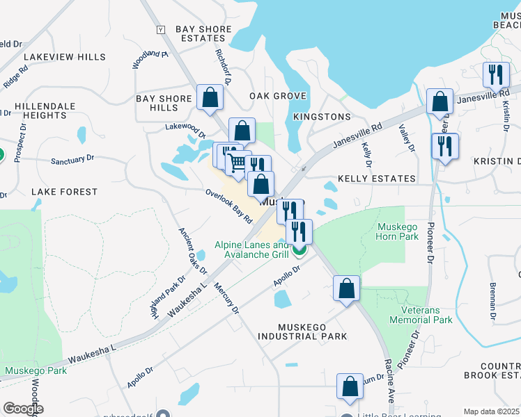 map of restaurants, bars, coffee shops, grocery stores, and more near S79W18884 Janesville Court in Muskego