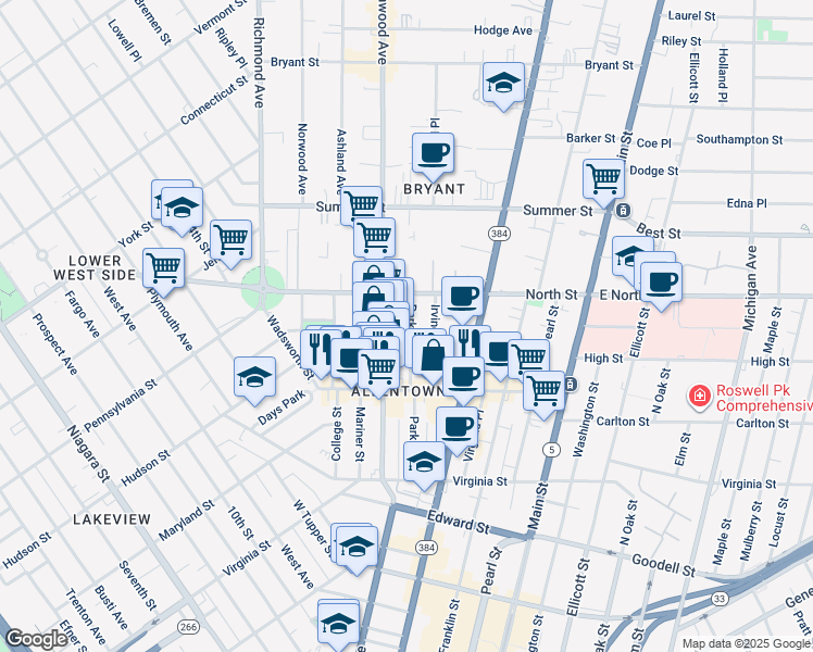 map of restaurants, bars, coffee shops, grocery stores, and more near 162 Park Street in Buffalo