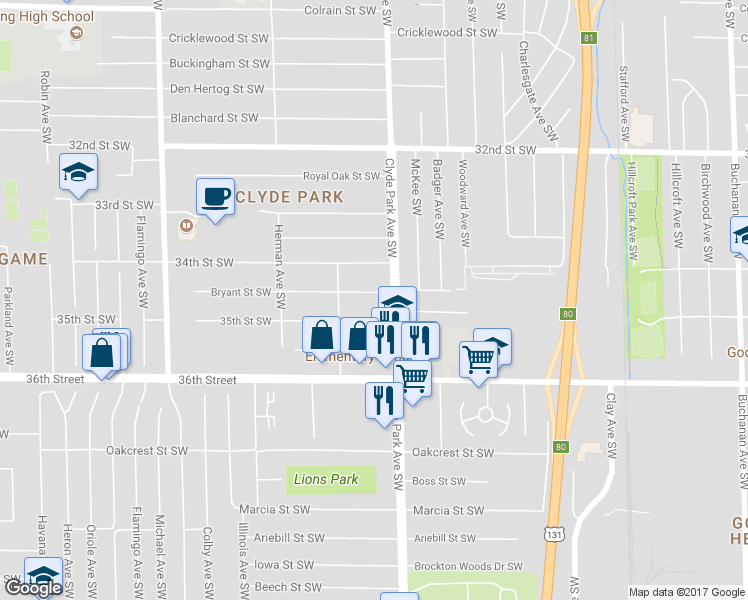 map of restaurants, bars, coffee shops, grocery stores, and more near 810 Bryant Street Southwest in Wyoming