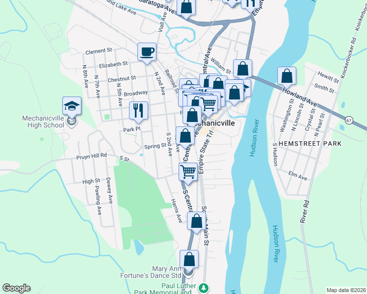 map of restaurants, bars, coffee shops, grocery stores, and more near 75 South Central Avenue in Mechanicville