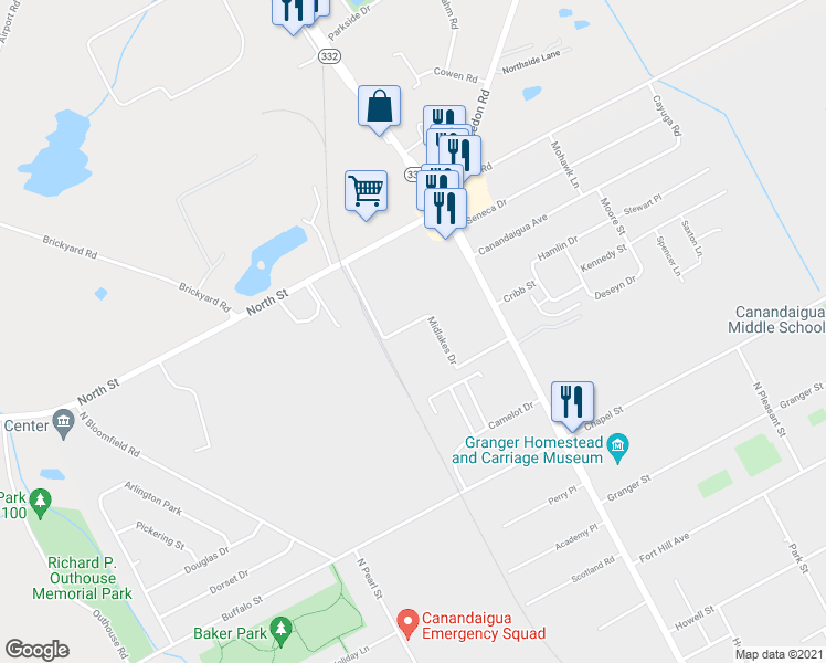 map of restaurants, bars, coffee shops, grocery stores, and more near 61 Midlakes Drive in Canandaigua