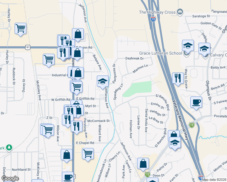 map of restaurants, bars, coffee shops, grocery stores, and more near 1441 Spaulding Lane in Pocatello