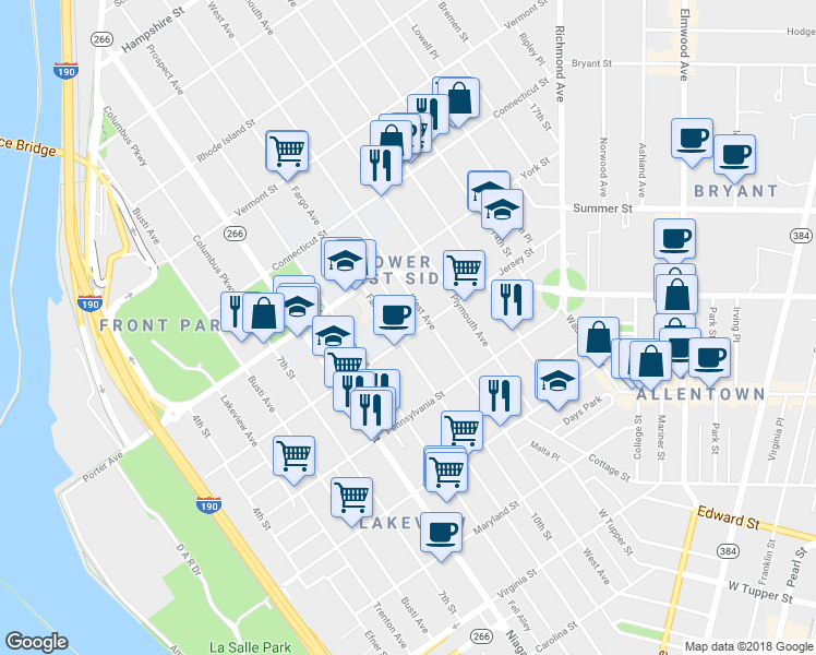 map of restaurants, bars, coffee shops, grocery stores, and more near 252 Jersey Street in Buffalo