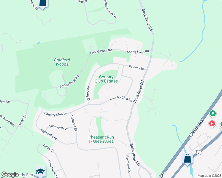 map of restaurants, bars, coffee shops, grocery stores, and more near 9 Greenfield Drive in Merrimack