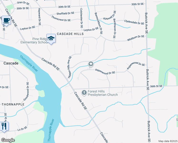map of restaurants, bars, coffee shops, grocery stores, and more near 7584 Aspenwood Drive Southeast in Grand Rapids