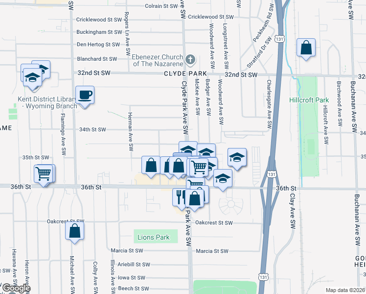 map of restaurants, bars, coffee shops, grocery stores, and more near 800 Bryant Street Southwest in Wyoming