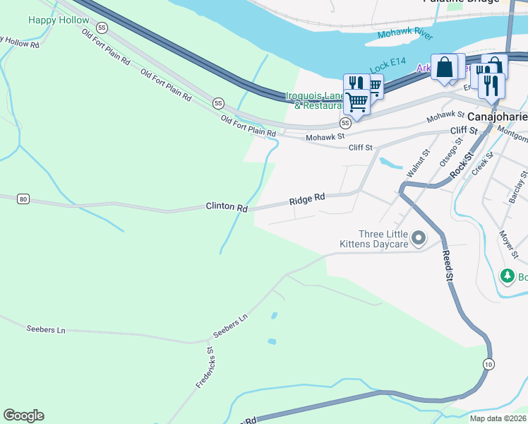 map of restaurants, bars, coffee shops, grocery stores, and more near 45 Ridge Rd in Canajoharie