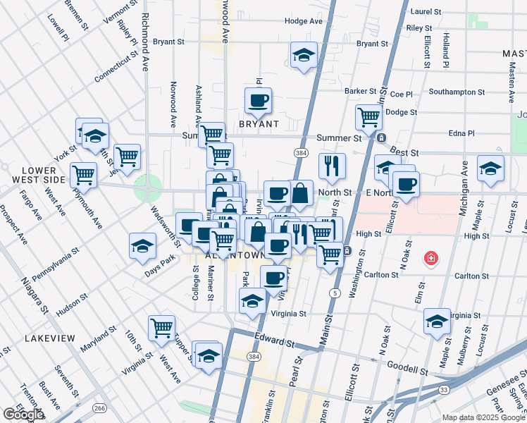 map of restaurants, bars, coffee shops, grocery stores, and more near 75 Irving Place in Buffalo