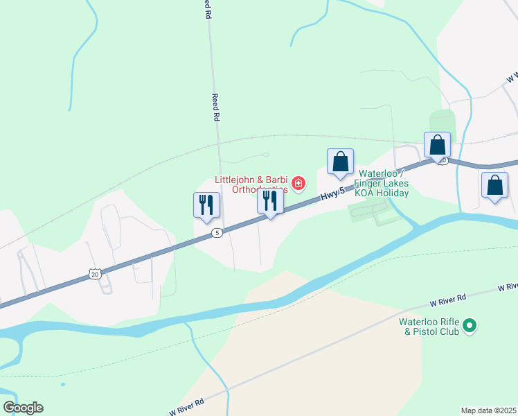 map of restaurants, bars, coffee shops, grocery stores, and more near 1157 Waterloo Geneva Road in Waterloo