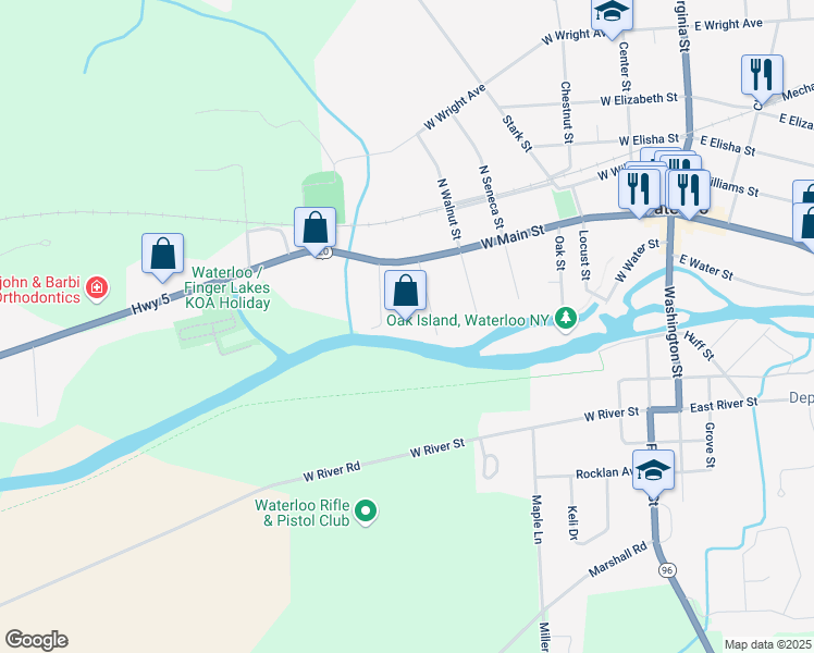 map of restaurants, bars, coffee shops, grocery stores, and more near 7 West Street in Waterloo