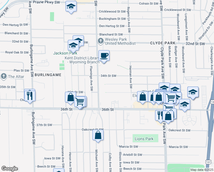 map of restaurants, bars, coffee shops, grocery stores, and more near 1130 Bryant Street Southwest in Wyoming
