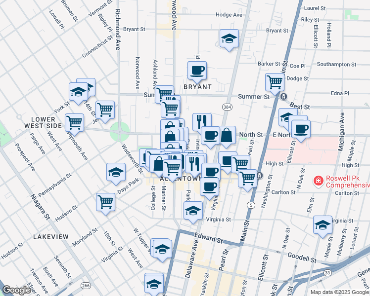 map of restaurants, bars, coffee shops, grocery stores, and more near 162 Park Street in Buffalo