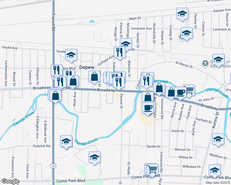 map of restaurants, bars, coffee shops, grocery stores, and more near 5041 U.S. 20 in Depew