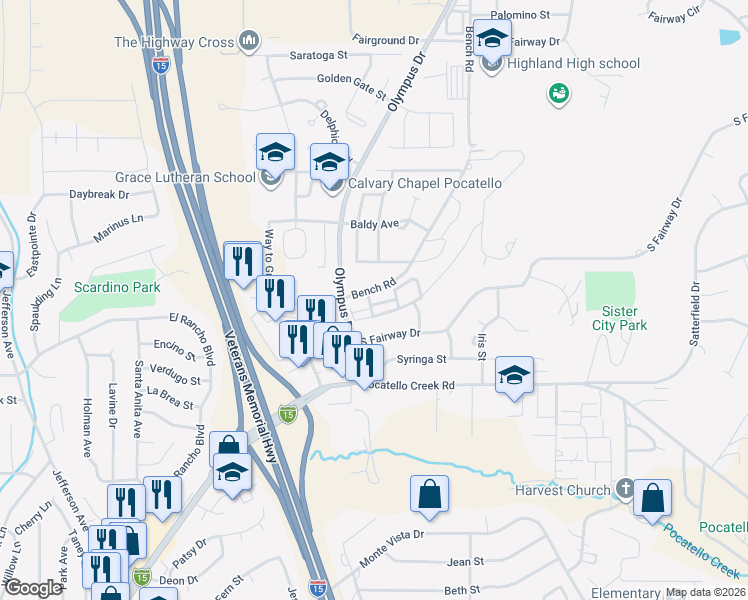 map of restaurants, bars, coffee shops, grocery stores, and more near 1626 South Von Elm Street in Pocatello