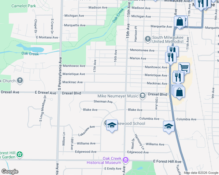 map of restaurants, bars, coffee shops, grocery stores, and more near 1608 Drexel Boulevard in South Milwaukee
