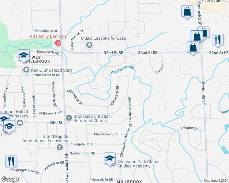 map of restaurants, bars, coffee shops, grocery stores, and more near 1923 Millbank Street Southeast in Grand Rapids