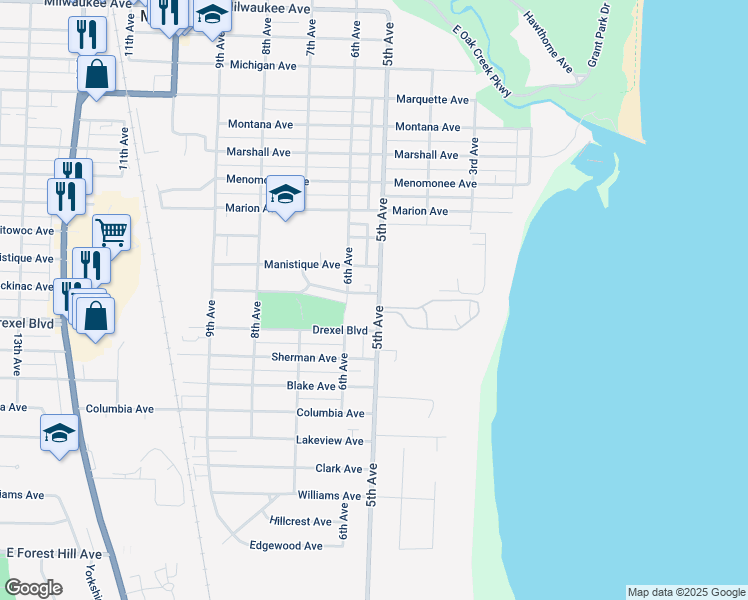 map of restaurants, bars, coffee shops, grocery stores, and more near 501 Mackinac Avenue in South Milwaukee