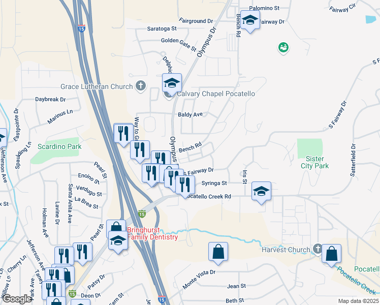 map of restaurants, bars, coffee shops, grocery stores, and more near 1626 South Von Elm Street in Pocatello