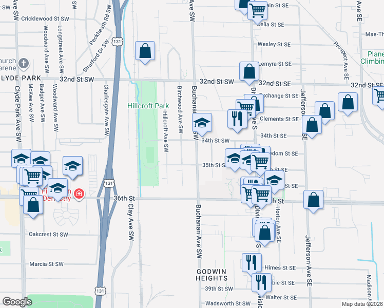 map of restaurants, bars, coffee shops, grocery stores, and more near 3441 Buchanan Avenue Southwest in Grand Rapids