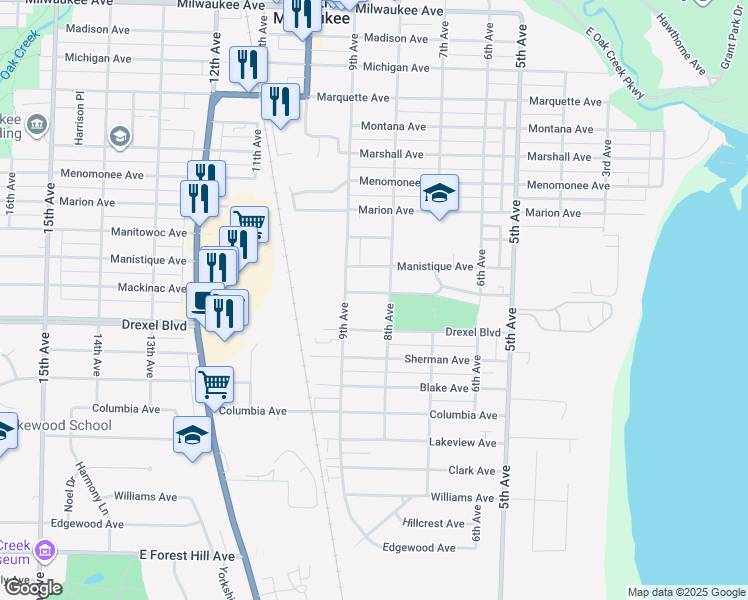 map of restaurants, bars, coffee shops, grocery stores, and more near 809 Mackinac Avenue in South Milwaukee
