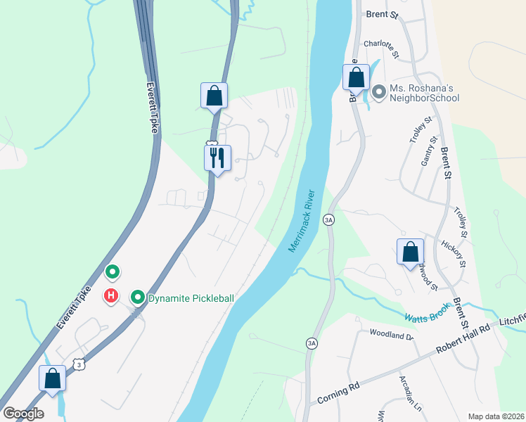 map of restaurants, bars, coffee shops, grocery stores, and more near 131 Middlesex Road in Merrimack
