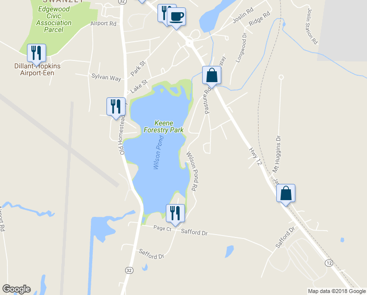 map of restaurants, bars, coffee shops, grocery stores, and more near 41 Wilson Pond Road in Keene