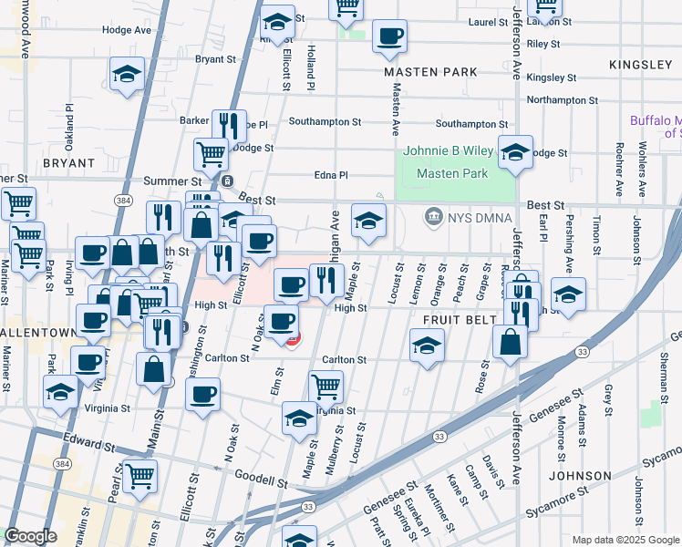 map of restaurants, bars, coffee shops, grocery stores, and more near 1049 Michigan Avenue in Buffalo