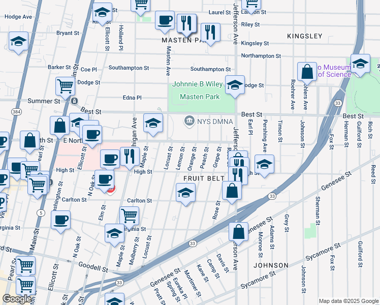 map of restaurants, bars, coffee shops, grocery stores, and more near 250 Orange Street in Buffalo
