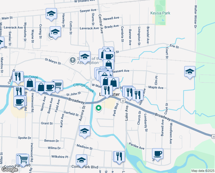 map of restaurants, bars, coffee shops, grocery stores, and more near 24 Central Avenue in Lancaster