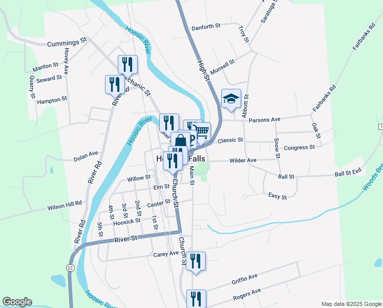 map of restaurants, bars, coffee shops, grocery stores, and more near 5 Main Street in Hoosick Falls