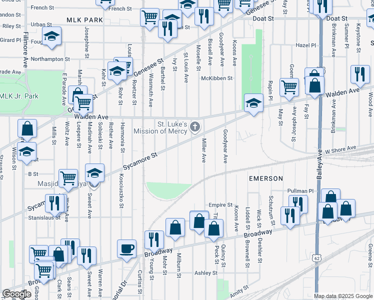 map of restaurants, bars, coffee shops, grocery stores, and more near 78 Oberlin Avenue in Buffalo