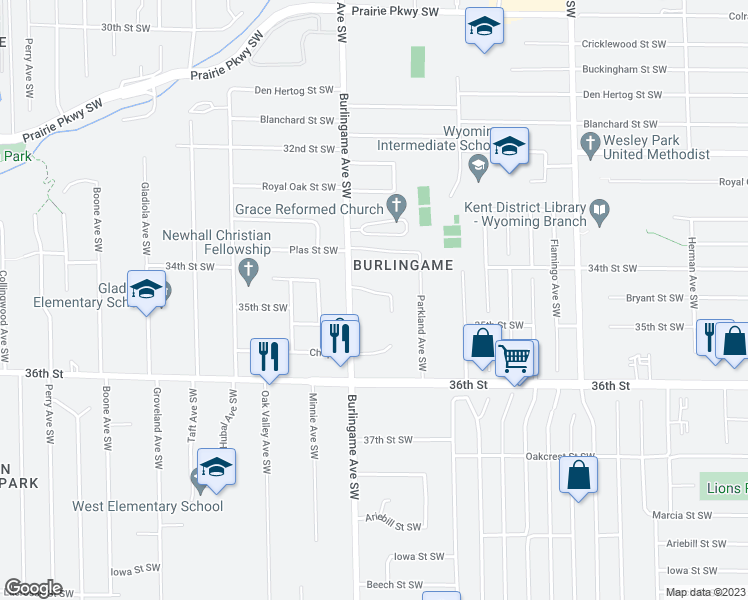 map of restaurants, bars, coffee shops, grocery stores, and more near 1582 Charles Russell Court in Wyoming