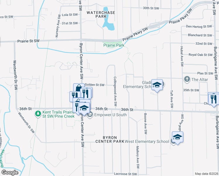 map of restaurants, bars, coffee shops, grocery stores, and more near 3452 Wyoming Ave SW in Wyoming