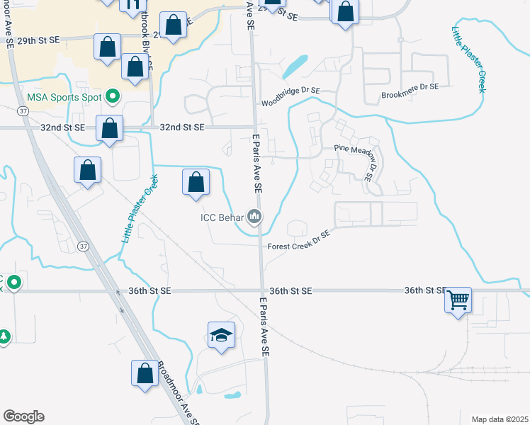 map of restaurants, bars, coffee shops, grocery stores, and more near 3412 East Paris Avenue Southeast in Kentwood