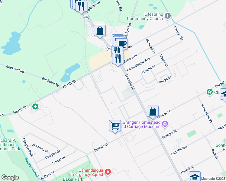 map of restaurants, bars, coffee shops, grocery stores, and more near 61 Midlakes Drive in Canandaigua