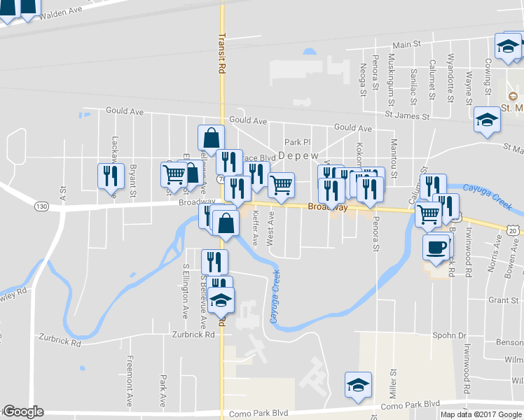 map of restaurants, bars, coffee shops, grocery stores, and more near 4877 Broadway in Depew
