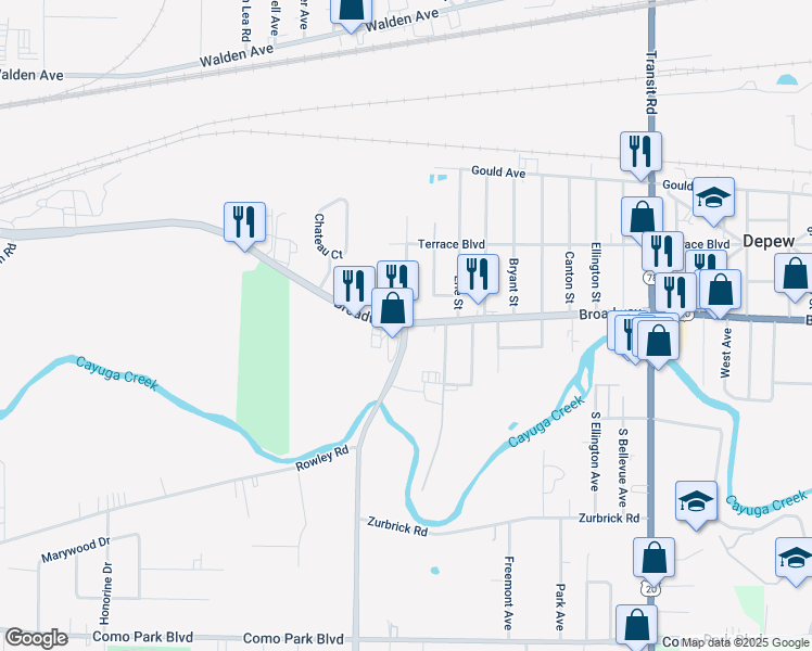 map of restaurants, bars, coffee shops, grocery stores, and more near Broadway & Borden Rd in Depew